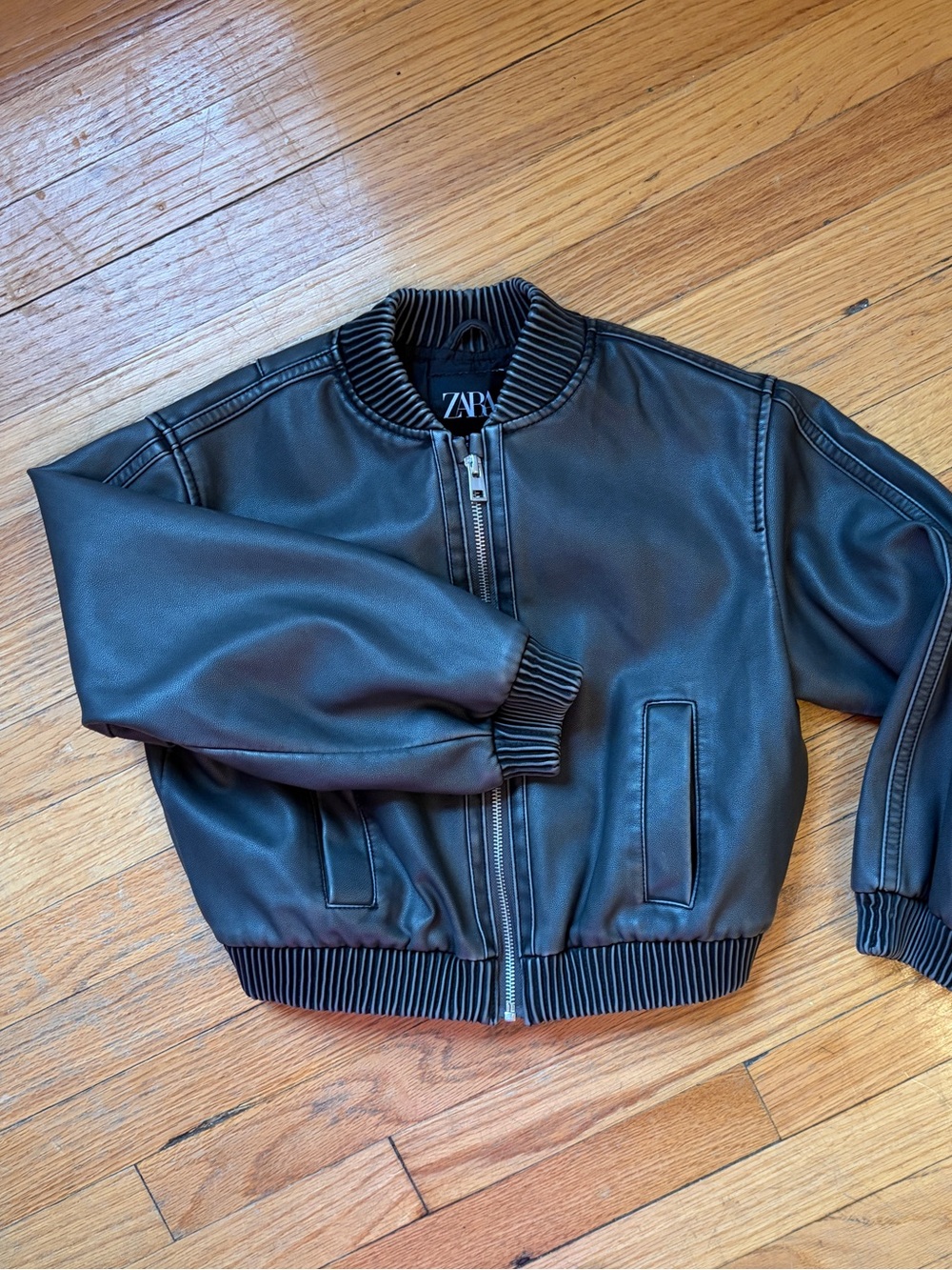 Zara Black Faux Leather Kids Bomber Jacket